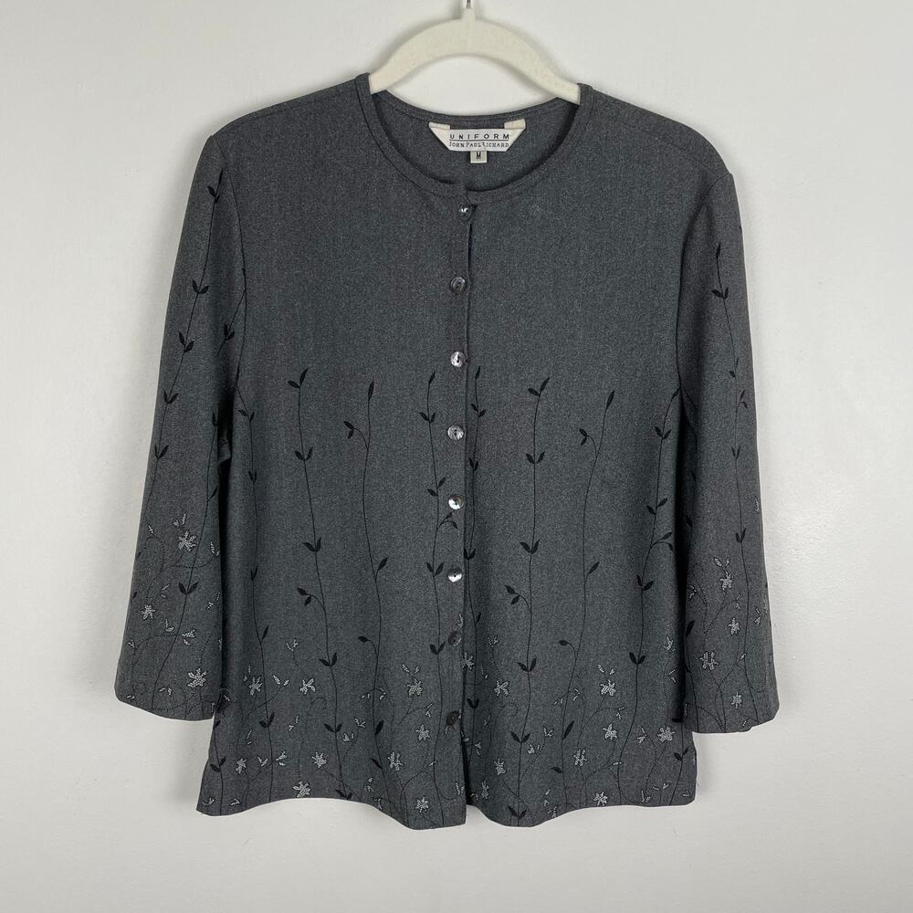 Vintage 90s Gray Floral Button Up Shirt Top Sz M Dark Fairy Grunge Romantic Goth